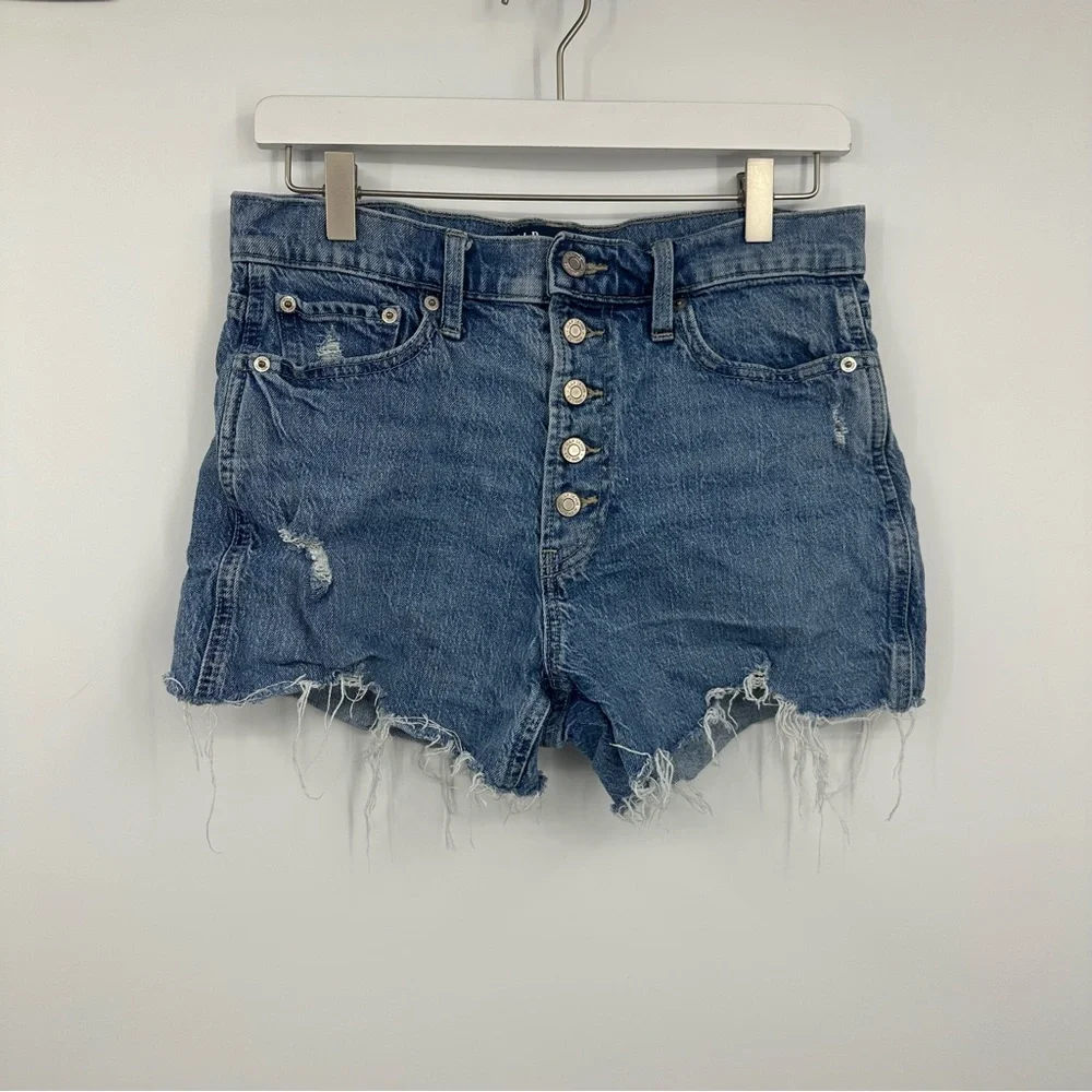 Gap High Rise Cheeky Shorts Size 6 Boho Distressed Raw Hem Button Fly - Picture 2 of 7